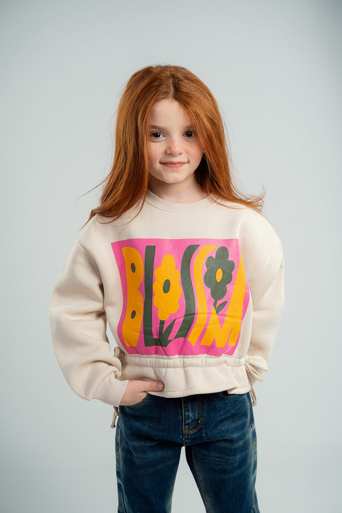 Girls Light Pink Sweatshirt With Blossom Printed