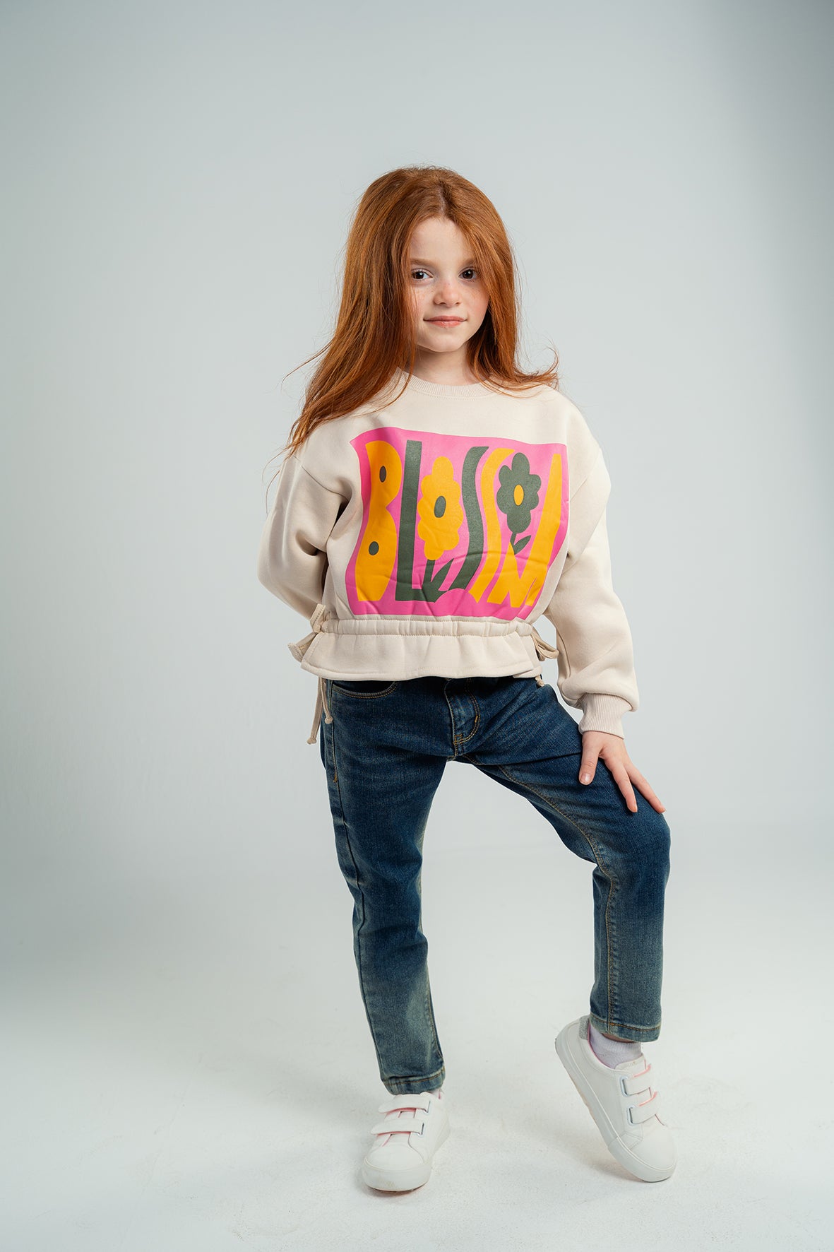 Girls Light Pink Sweatshirt With Blossom Printed