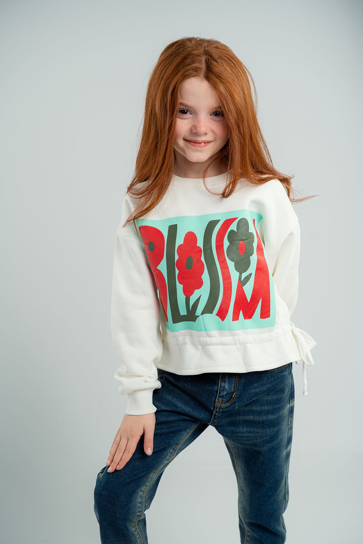 Girls White Sweatshirt With Blossom Printed