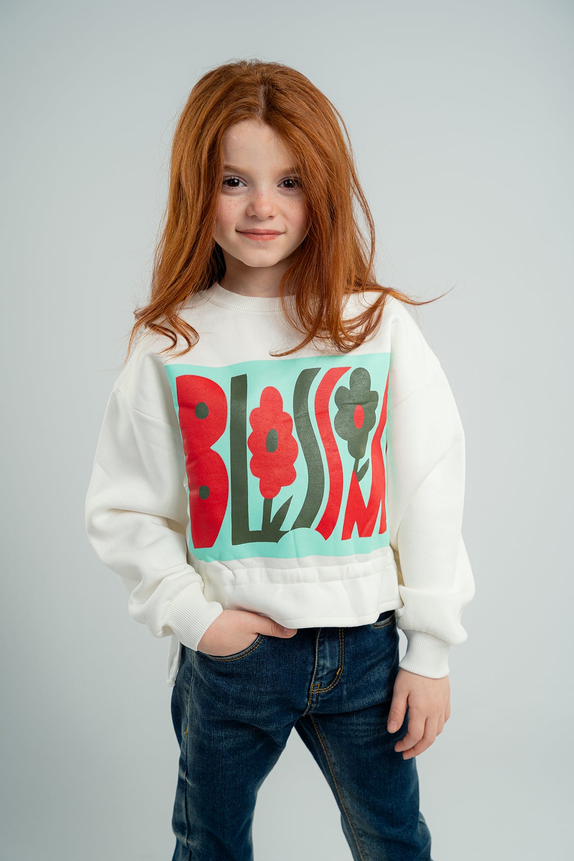 Girls White Sweatshirt With Blossom Printed