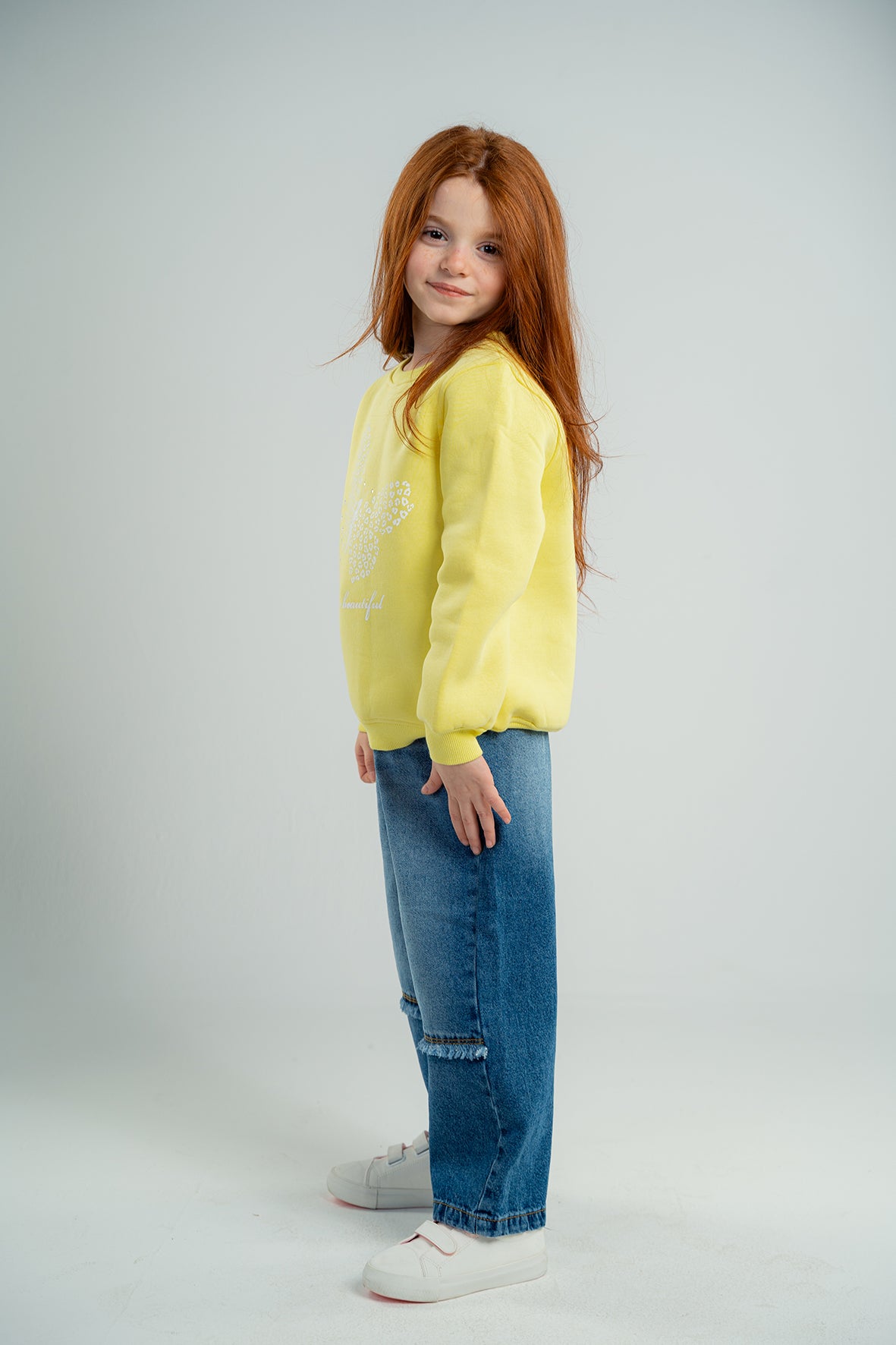 Girls Yellow Printed Crewneck Sweatshirt