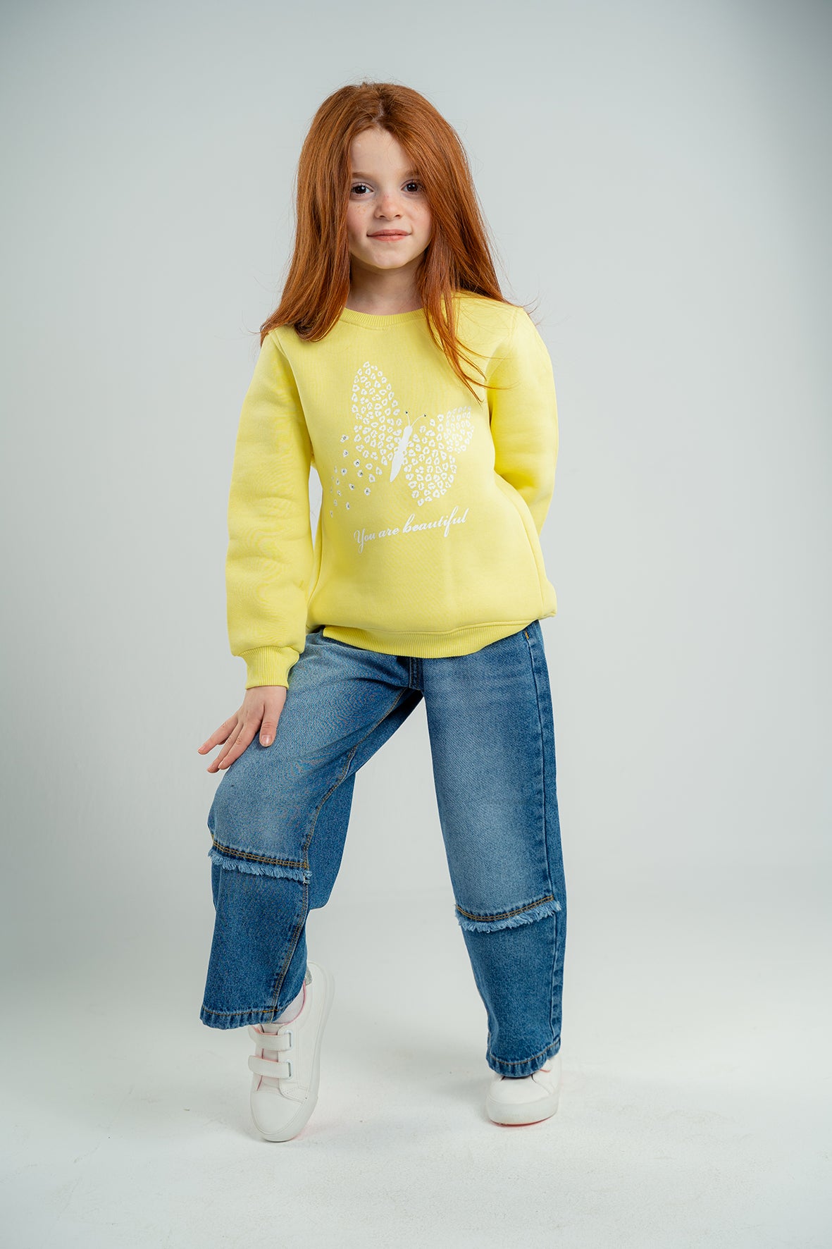 Girls Yellow Printed Crewneck Sweatshirt