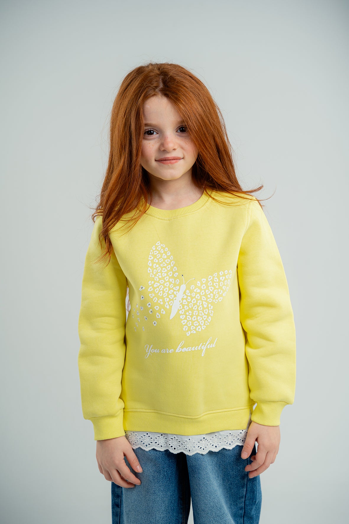 Girls Yellow Printed Crewneck Sweatshirt