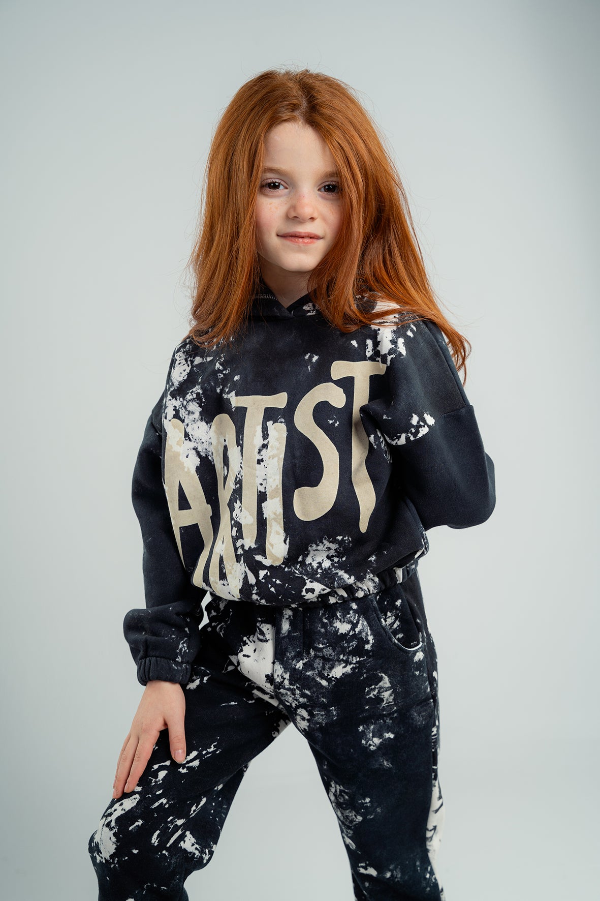 Girls Tie Dye Black Pajama Cropped Hoodie with Joggers