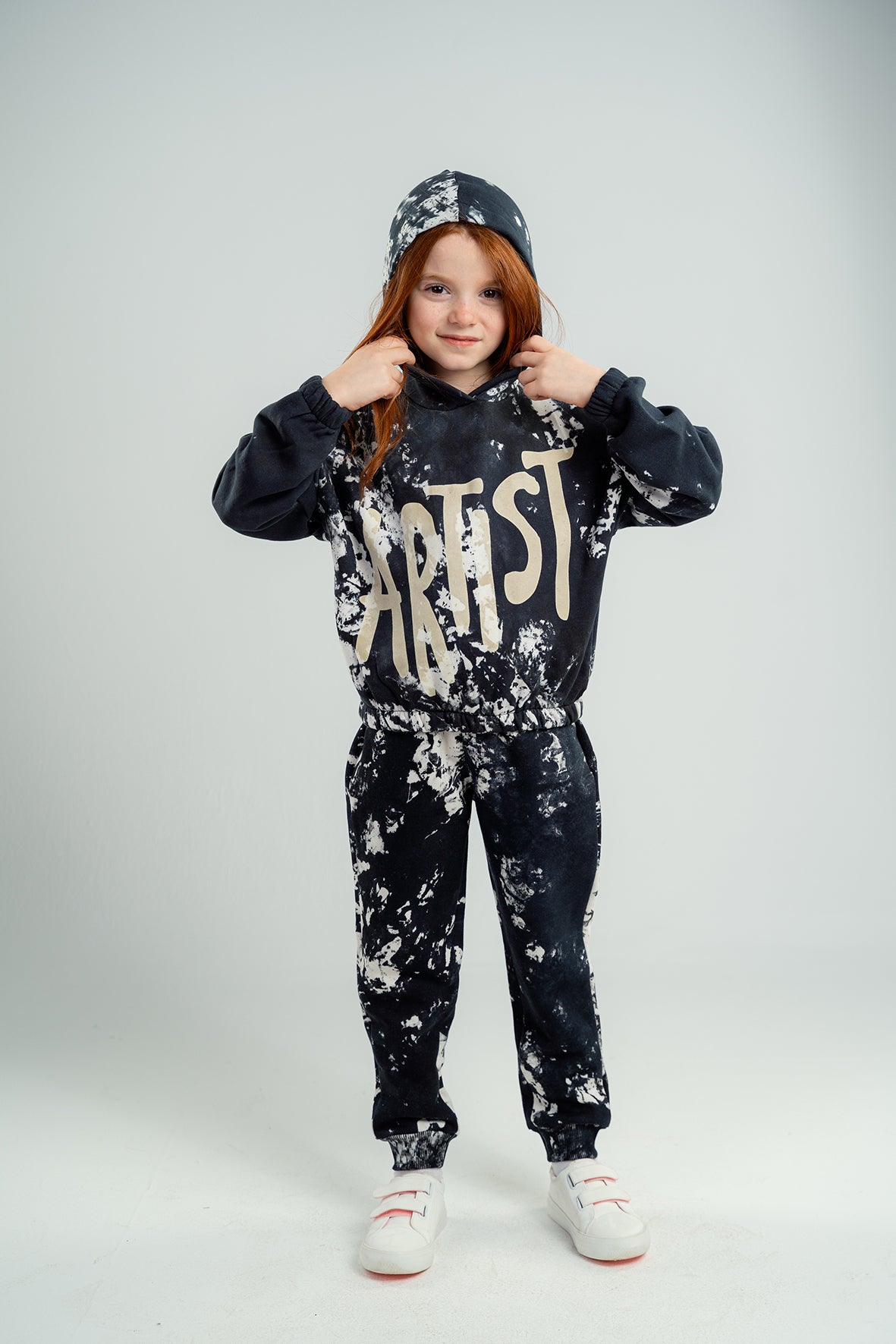 Girls Tie Dye Black Pajama Cropped Hoodie with Joggers