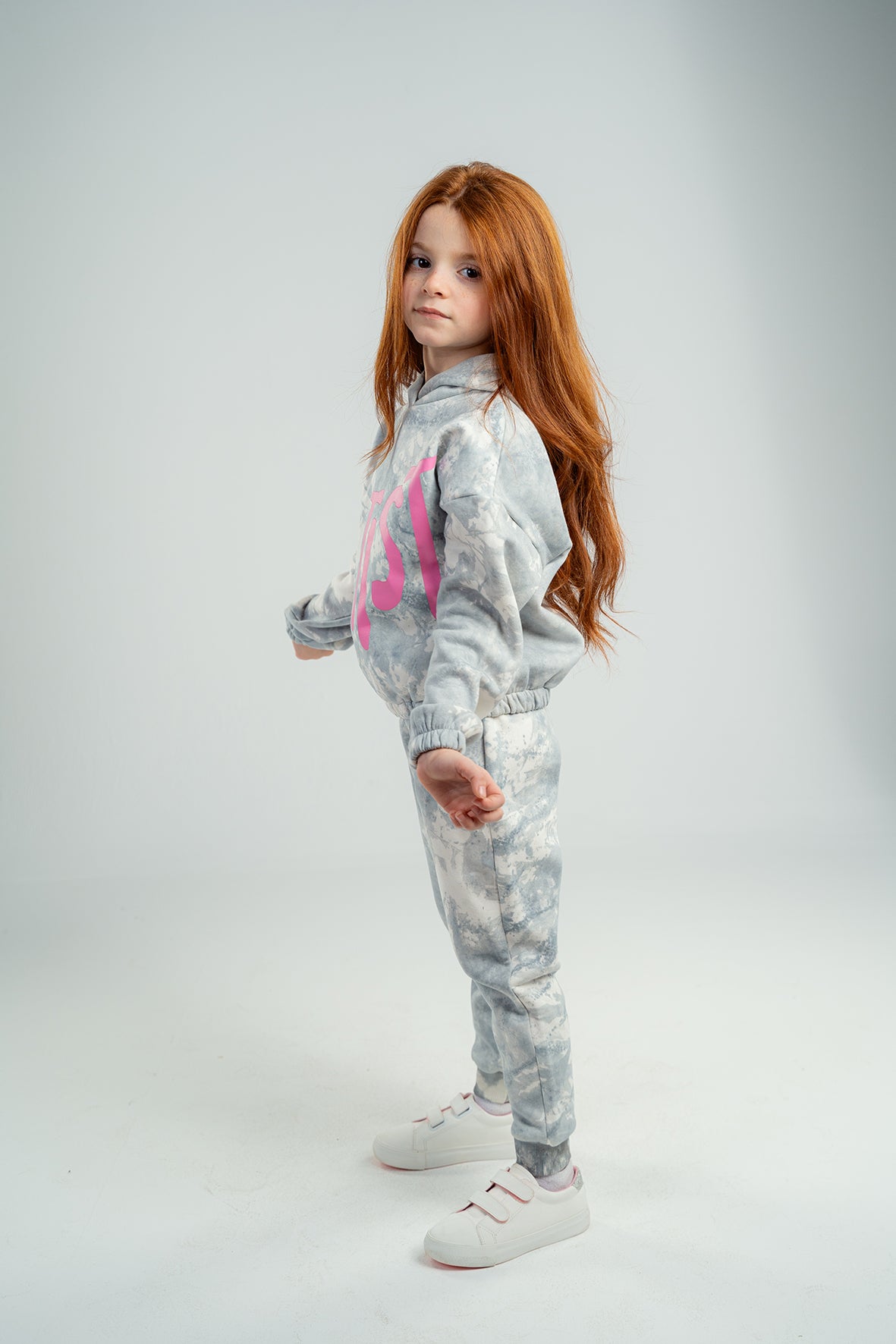 Girls Tie Dye Gray Pajama Cropped Hoodie with Joggers
