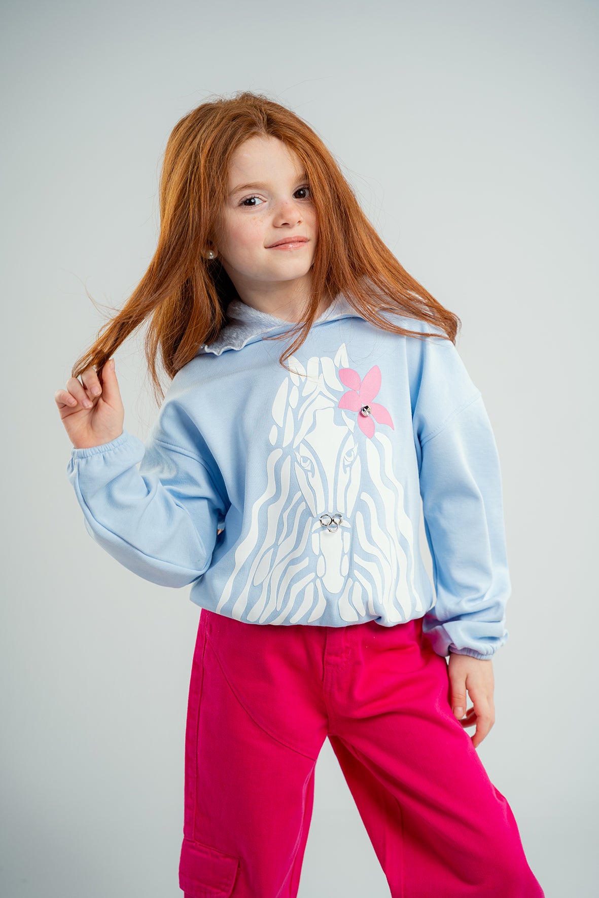 Girls Light Blue Cotton Printed Full Sleeves Hoodie