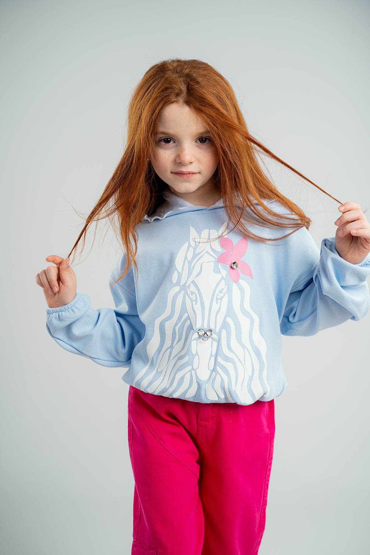 Girls Light Blue Cotton Printed Full Sleeves Hoodie