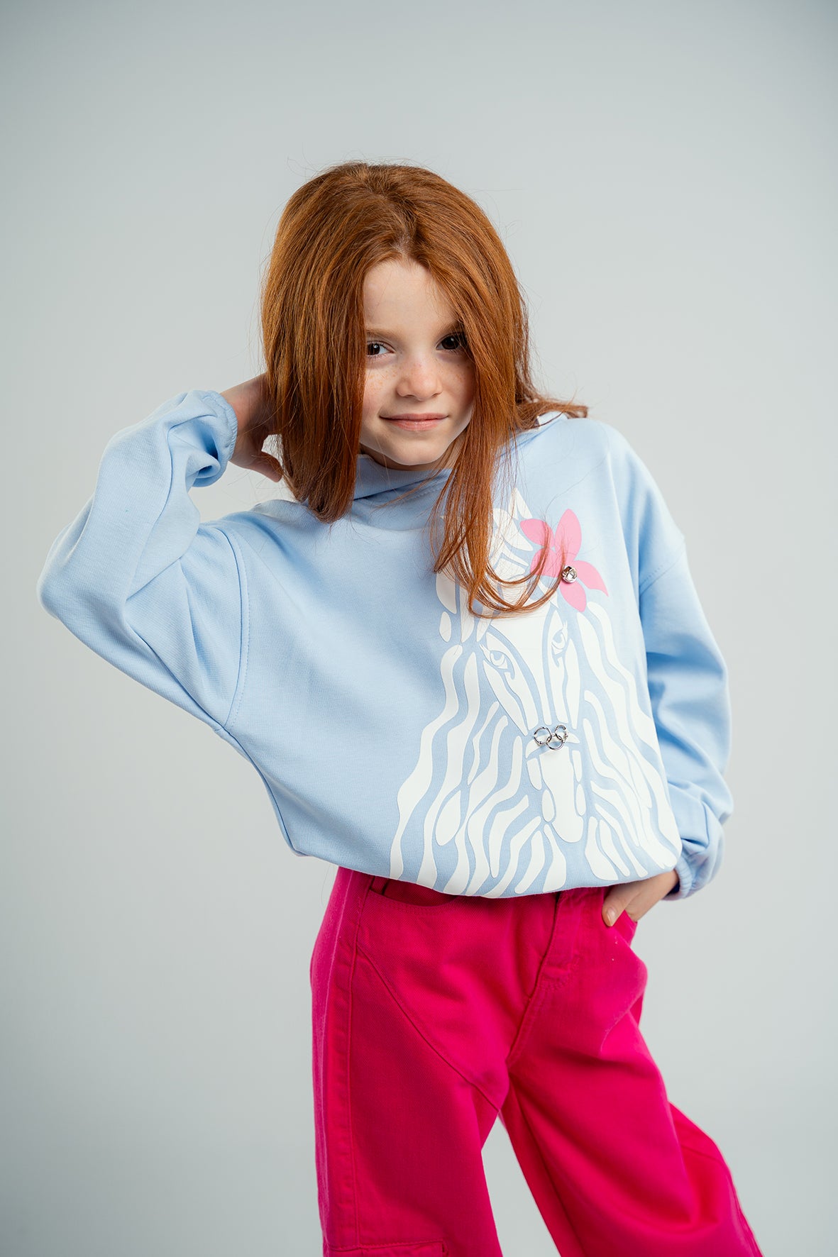 Girls Light Blue Cotton Printed Full Sleeves Hoodie