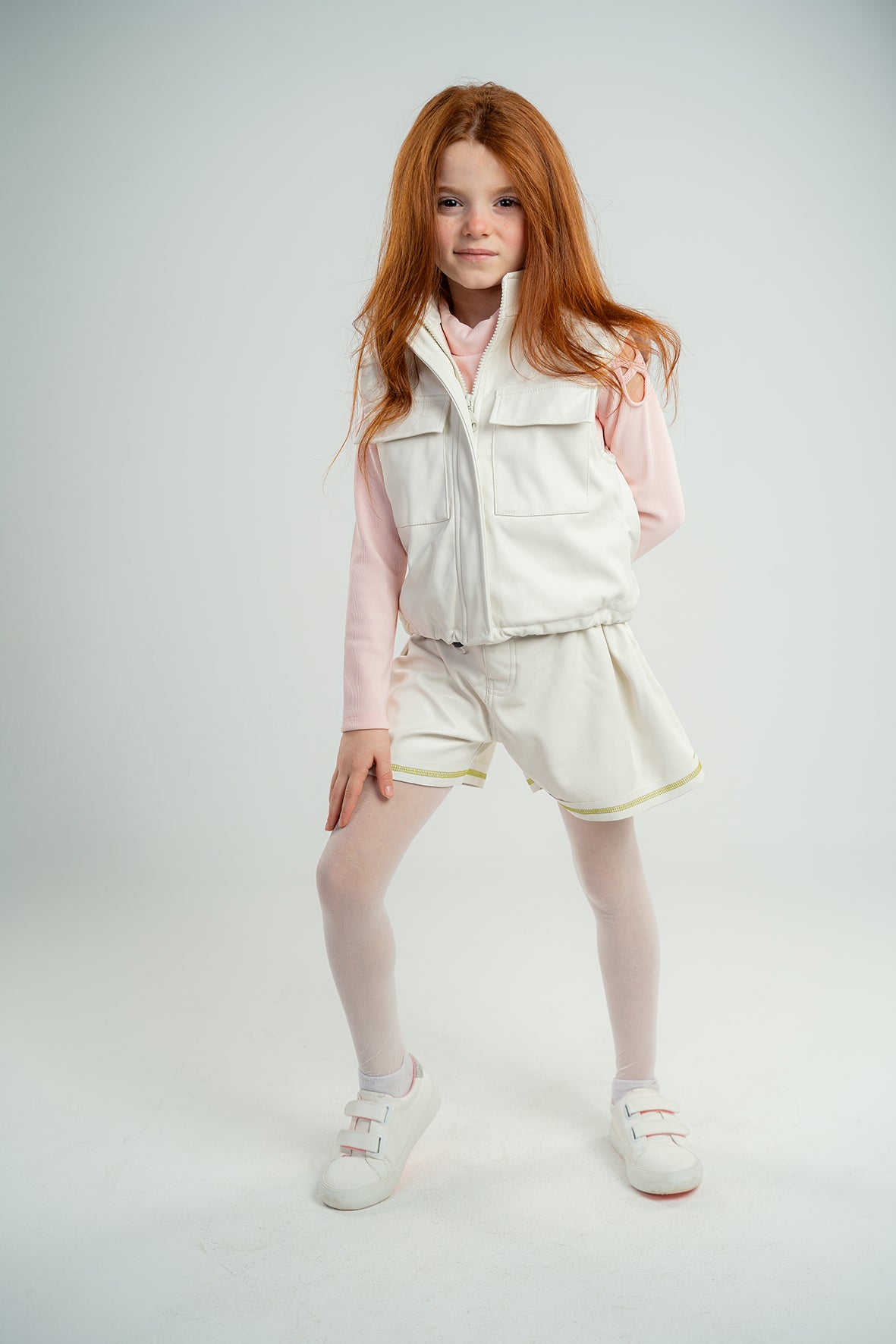 Girls White Leather Contrast Stitch Shorts