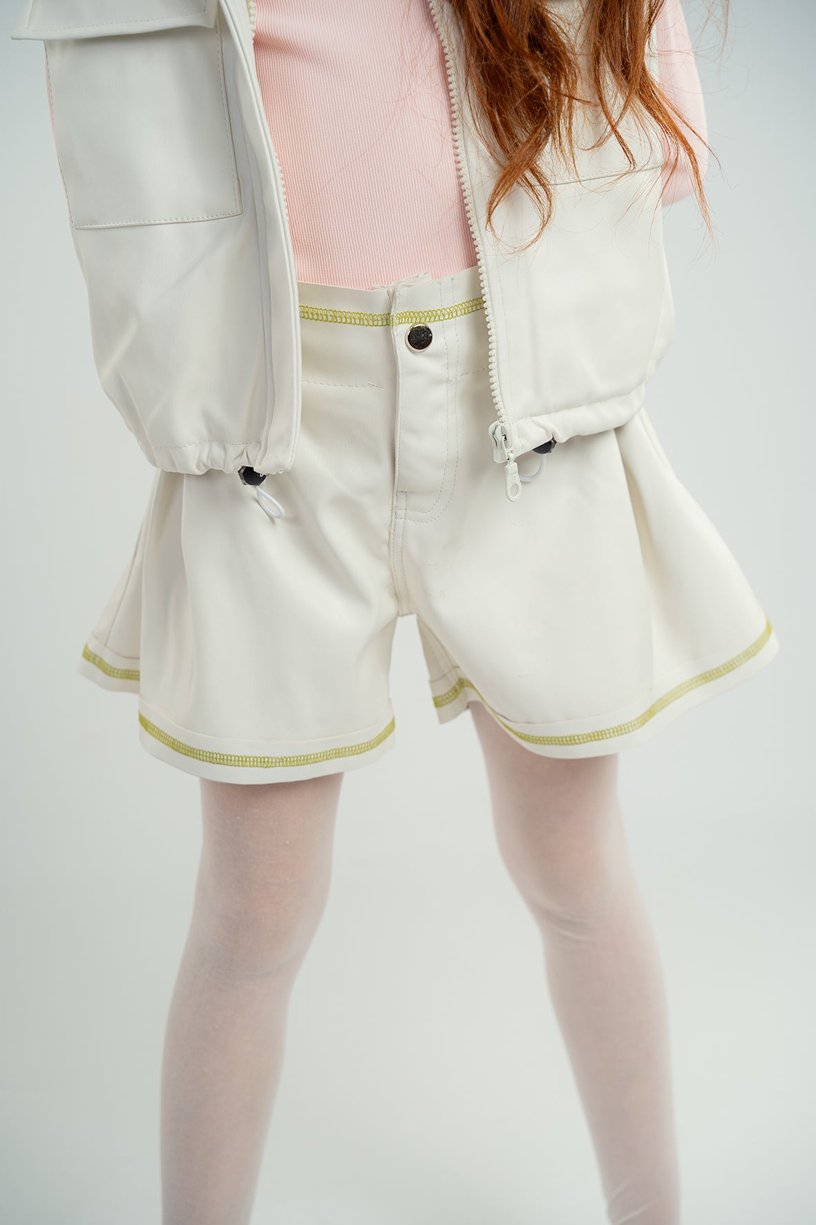 Girls White Leather Contrast Stitch Shorts