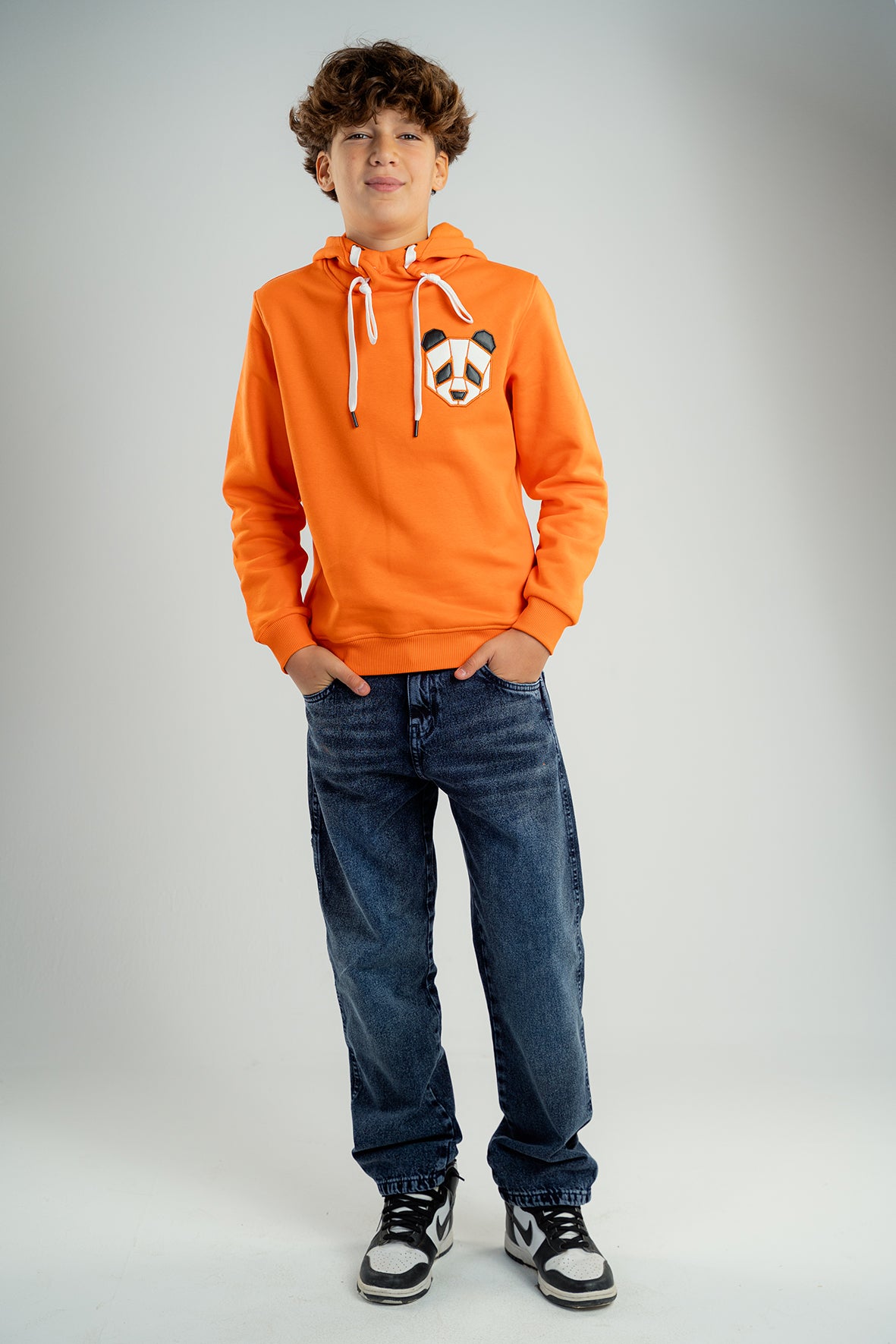 Boys Orange Hoodie with Panda Face Embroidered