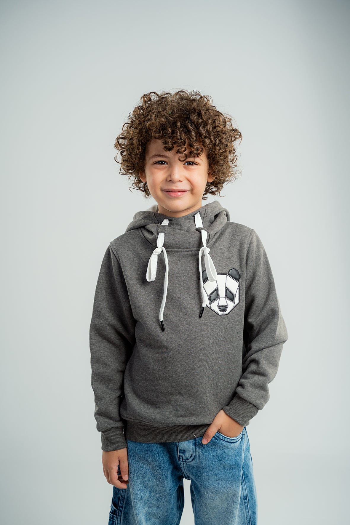 Boys Dark Gray Hoodie with Panda Face Embroidered