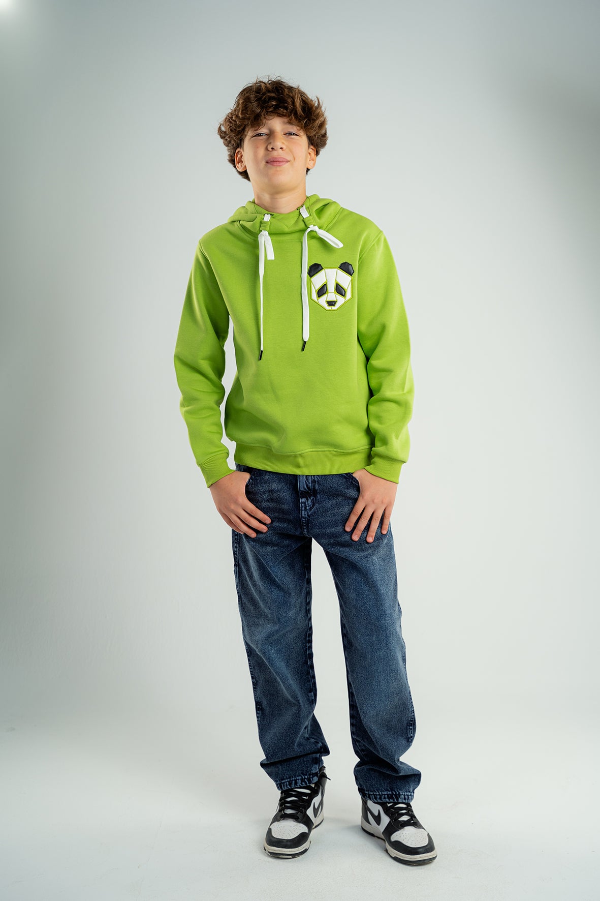 Boys Lime Green Hoodie with Panda Face Embroidered