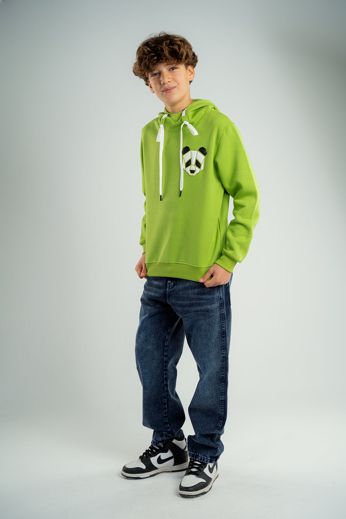 Boys Lime Green Hoodie with Panda Face Embroidered