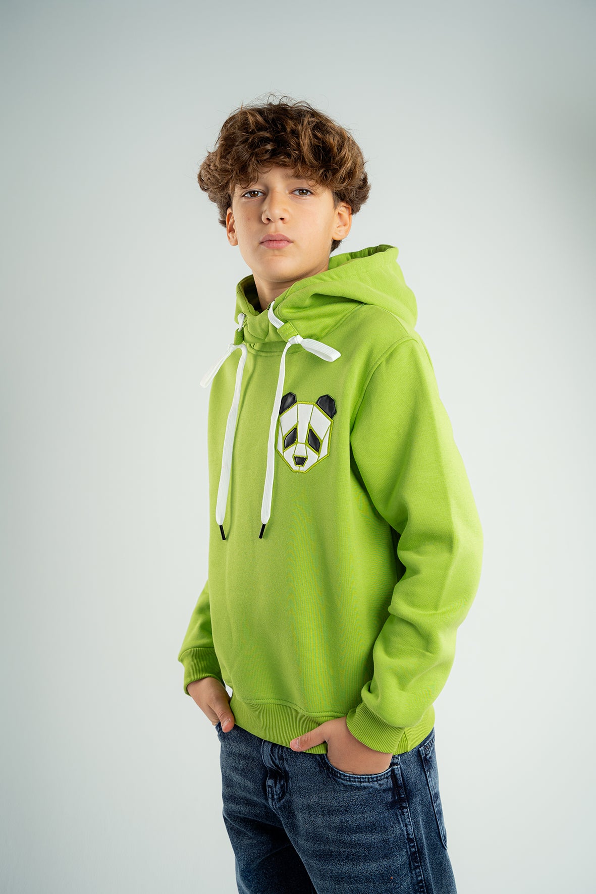 Boys Lime Green Hoodie with Panda Face Embroidered