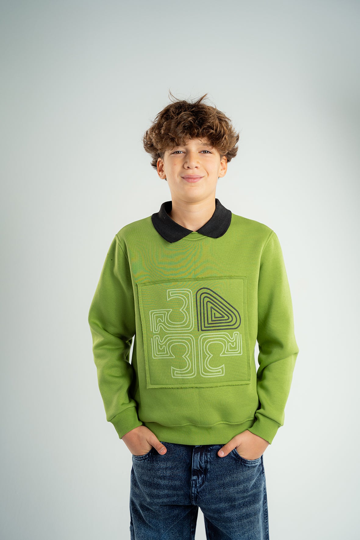 Boys Green Polo Collar Sweatshirt With Print