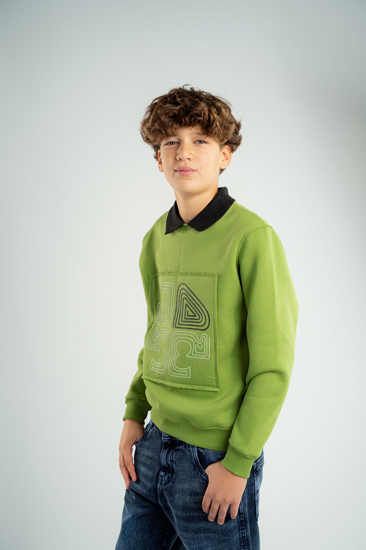 Boys Green Polo Collar Sweatshirt With Print