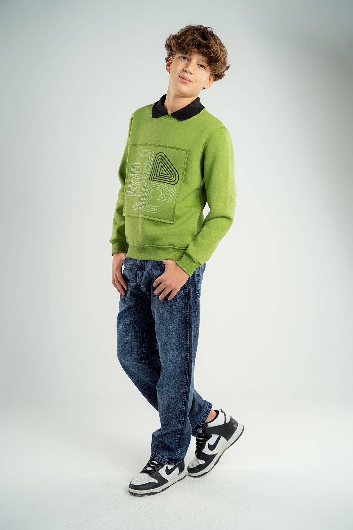 Boys Green Polo Collar Sweatshirt With Print