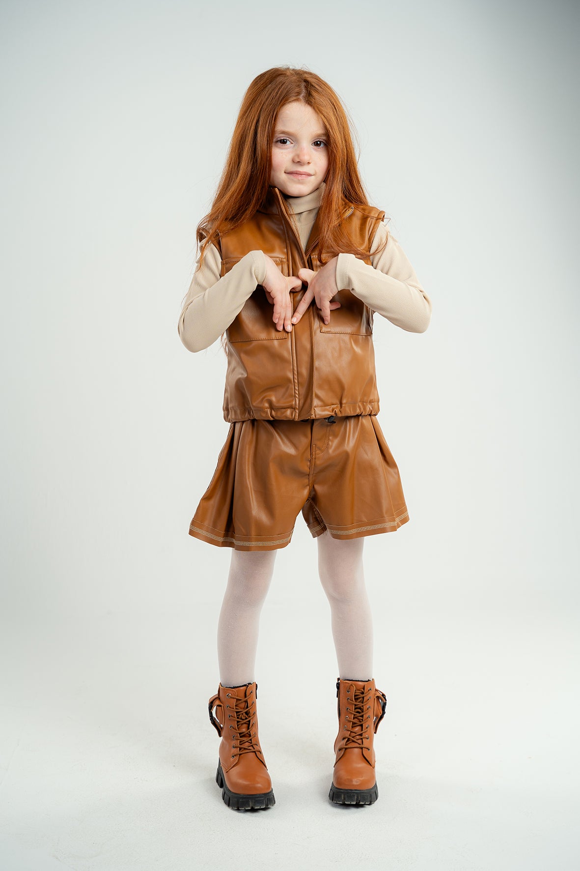 Girls Brown Leather Contrast Stitch Shorts