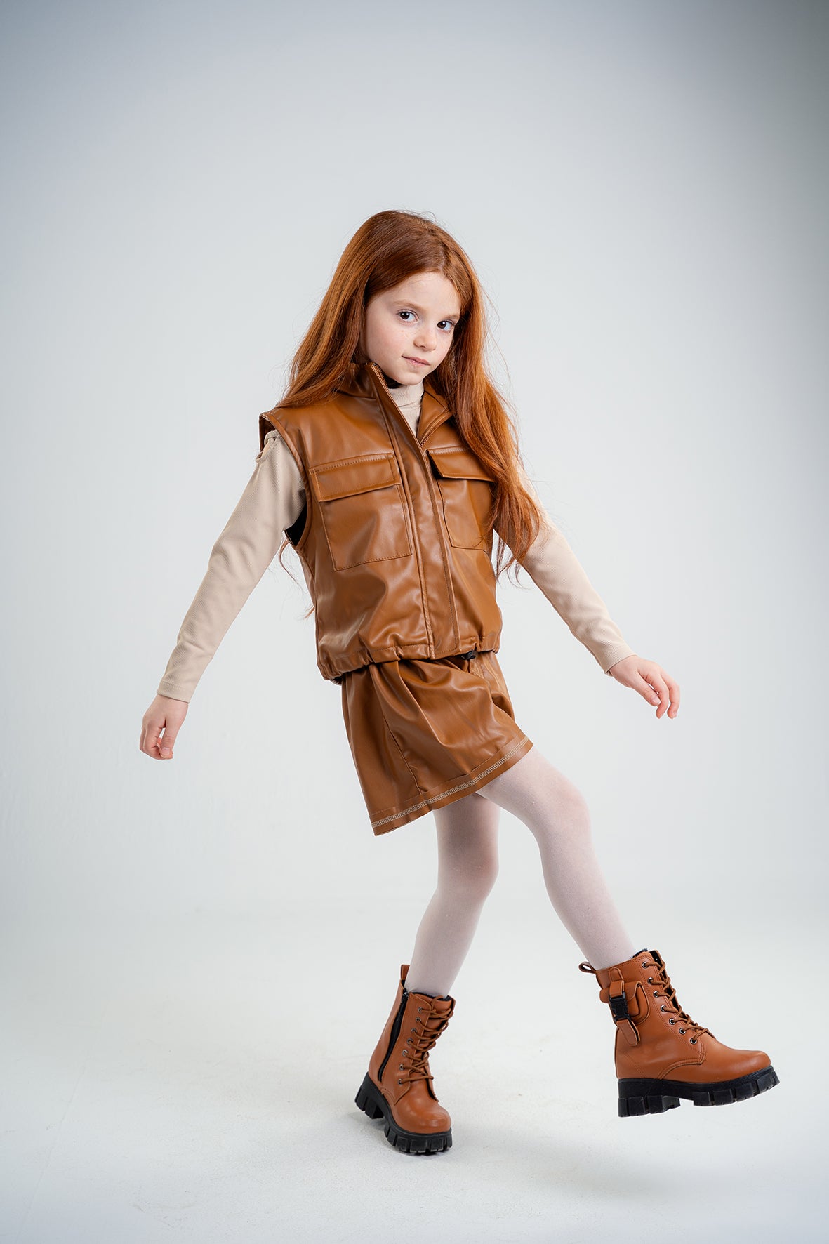 Girls Brown Leather Contrast Stitch Shorts