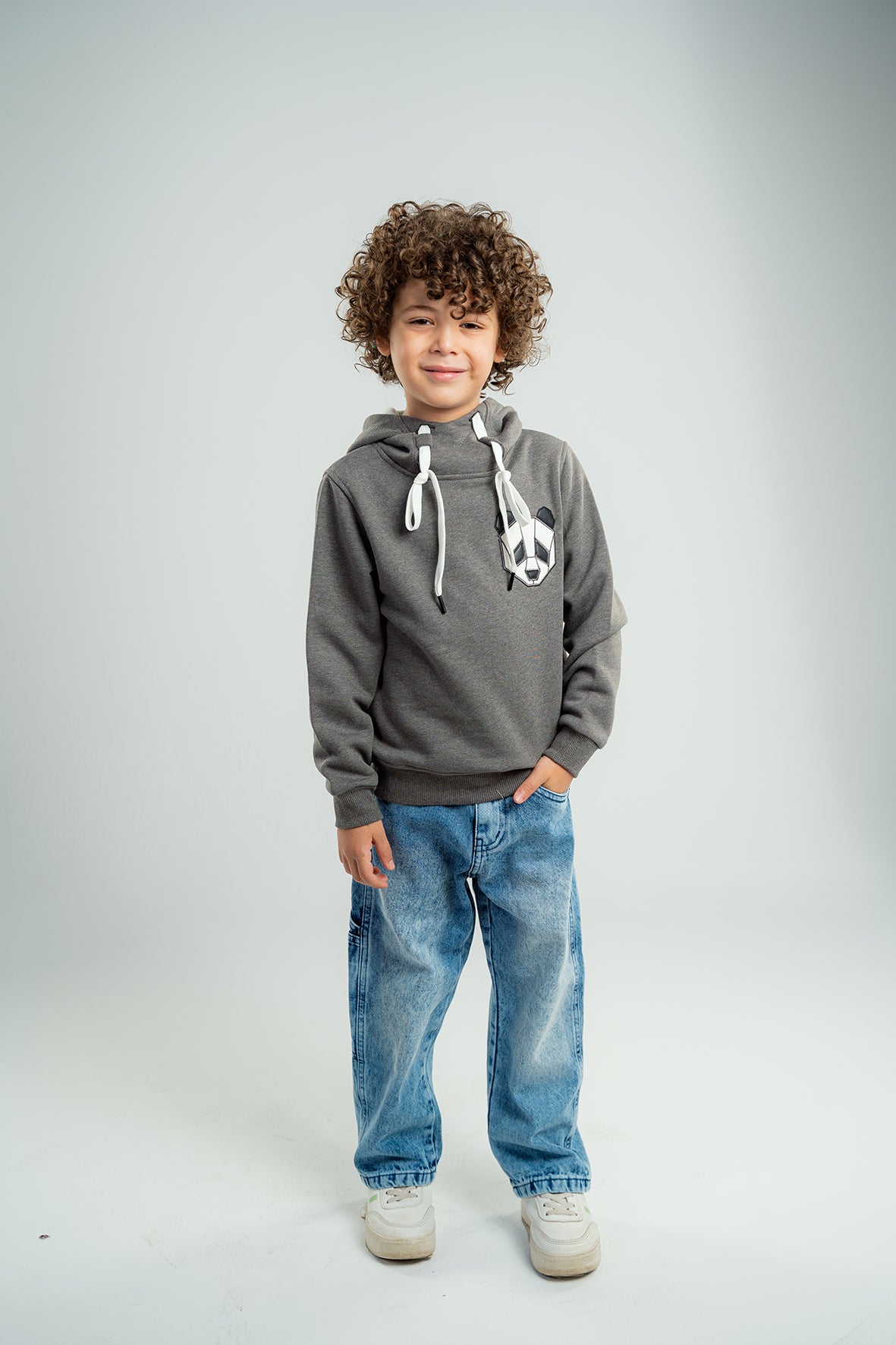 Boys Dark Gray Hoodie with Panda Face Embroidered