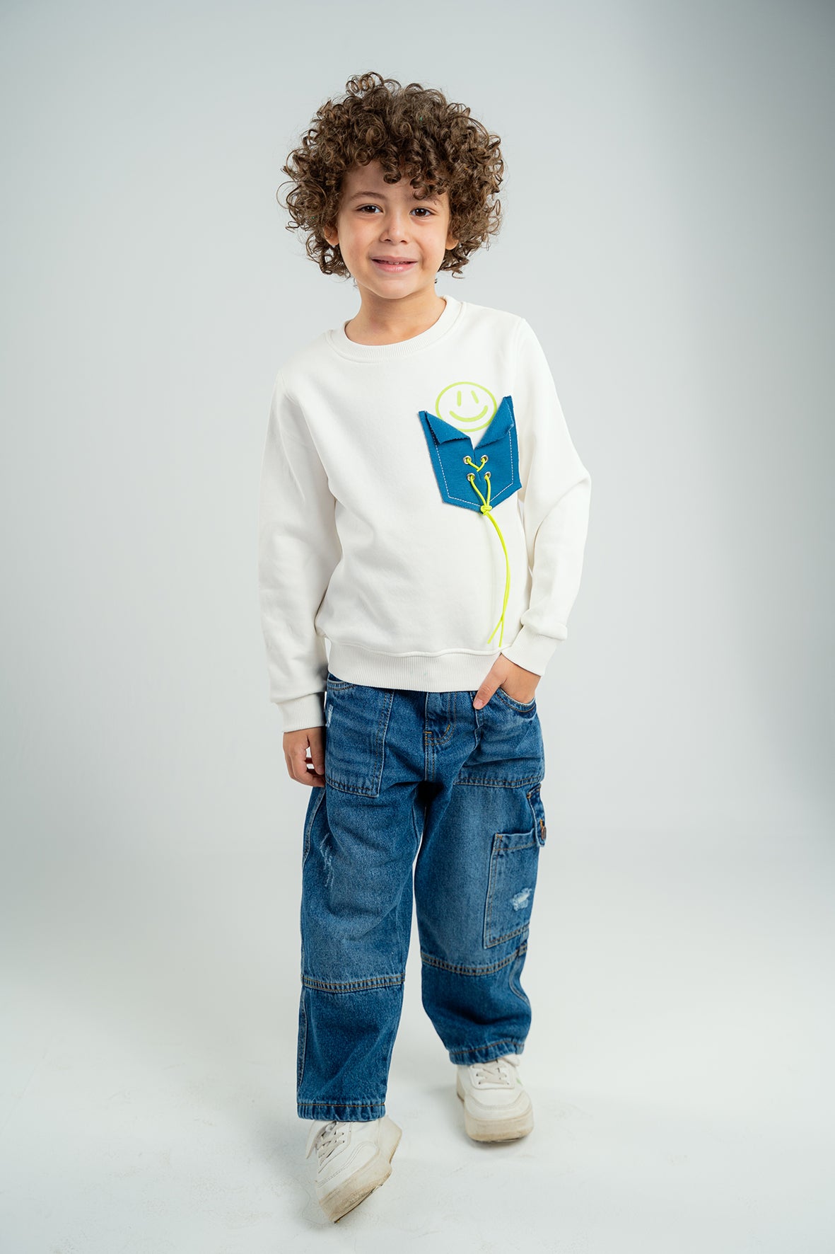 Boys Printed White Fleece Sweatshirt With Pocket