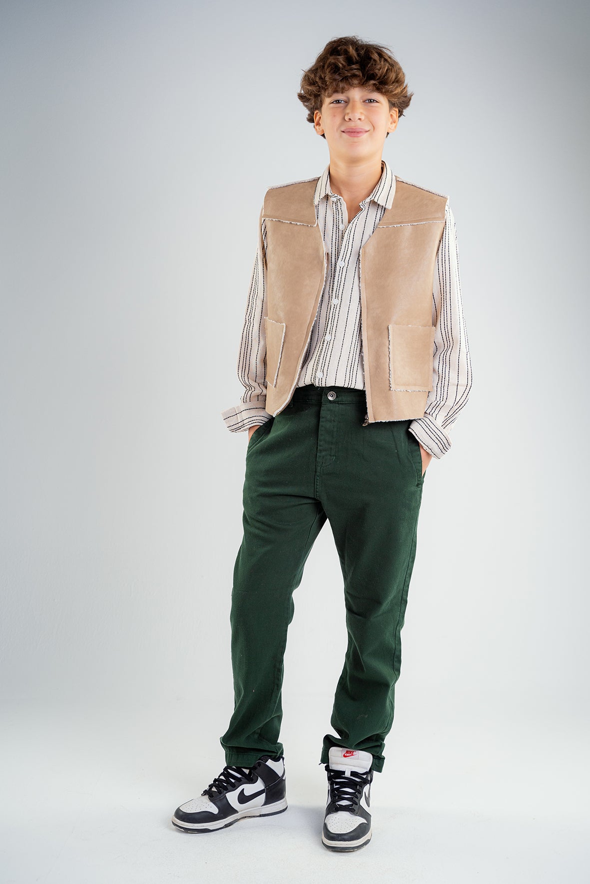 Boys Beige Leather Vest With White Details