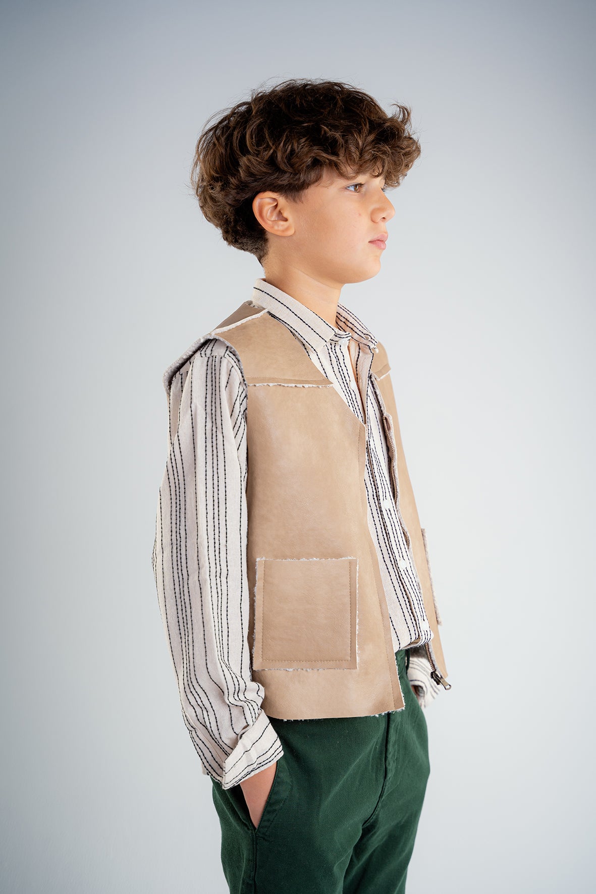 Boys Beige Leather Vest With White Details