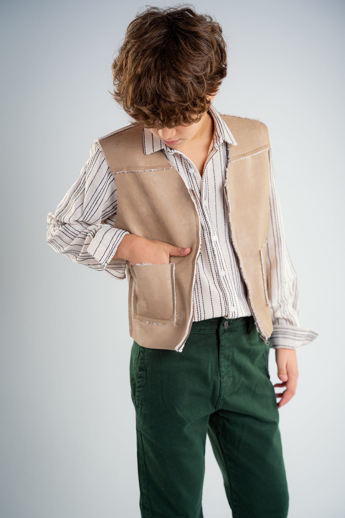 Boys Beige Leather Vest With White Details