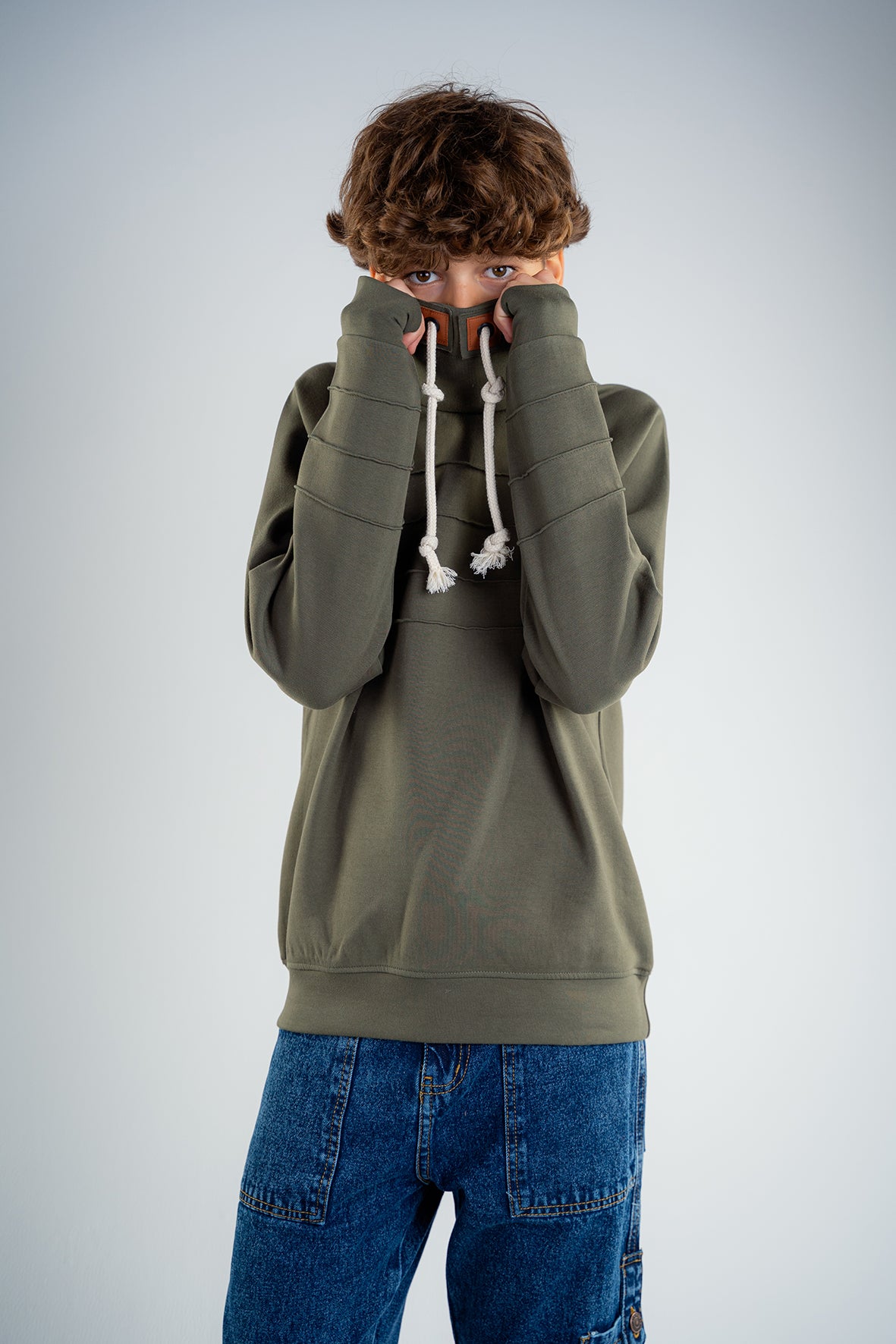 Boys Olive Ribbed Fleece High Neck Sweatshirt
