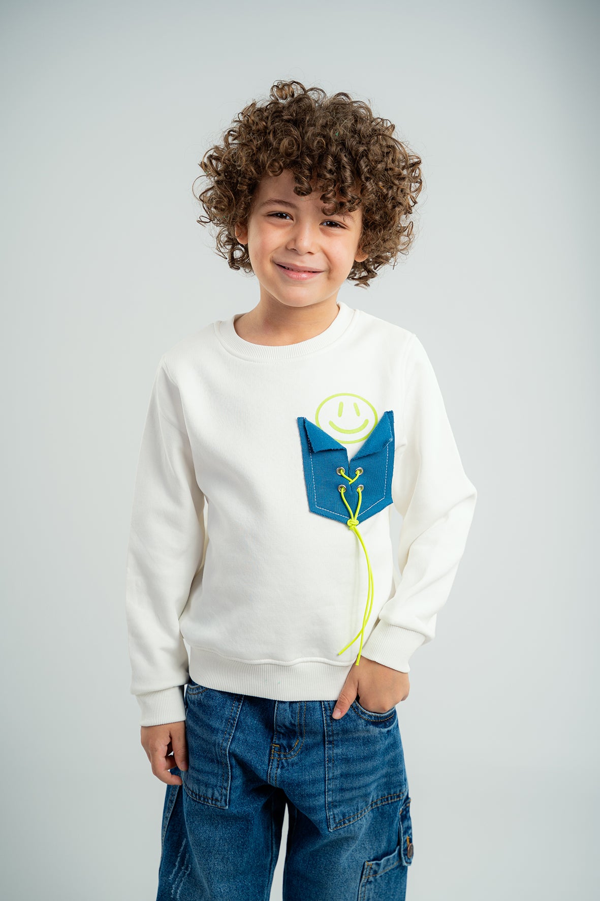 Boys Printed White Fleece Sweatshirt With Pocket