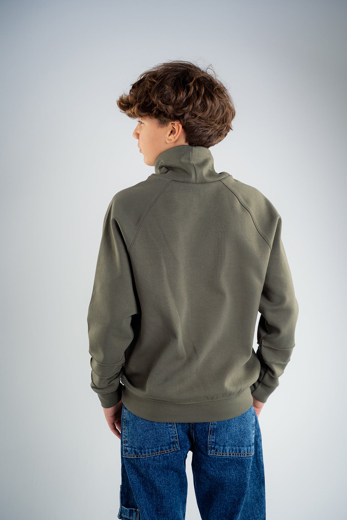 Boys Olive Ribbed Fleece High Neck Sweatshirt