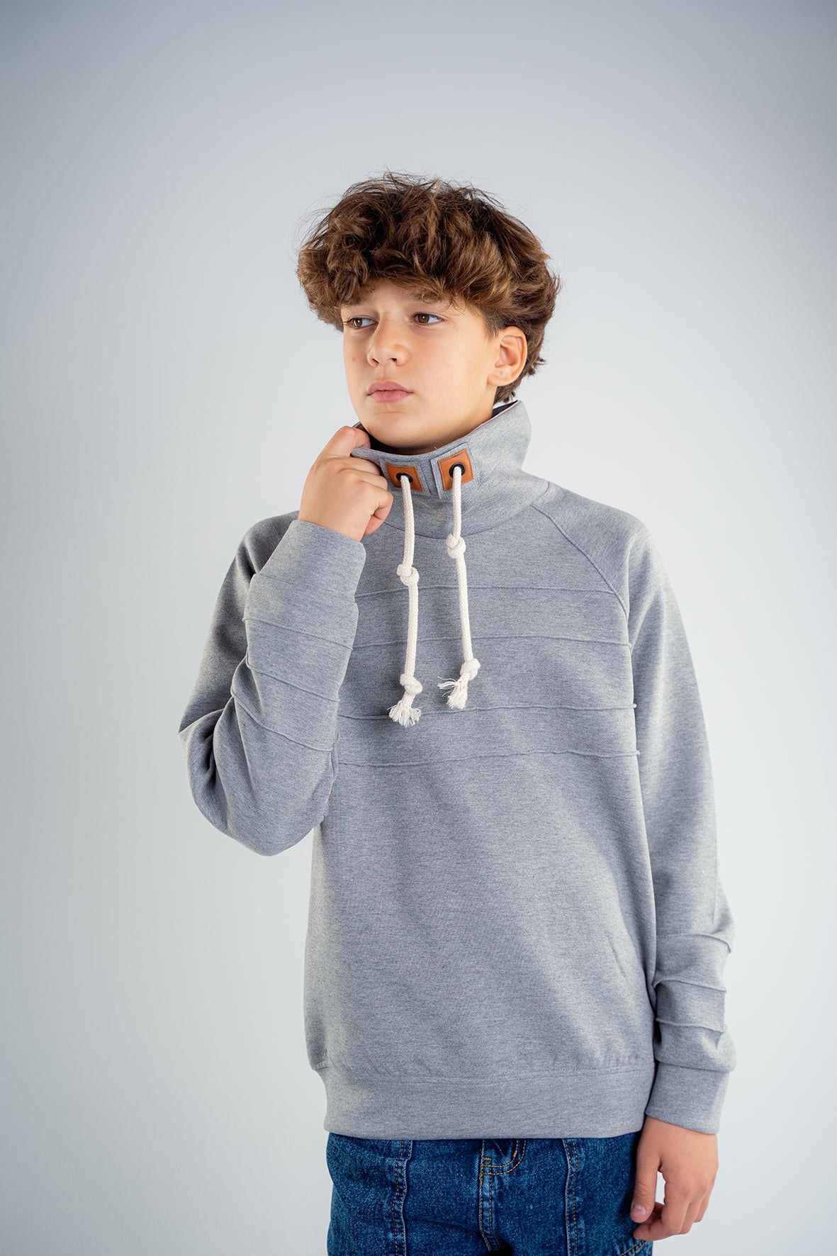 Boys Gray Ribbed Fleece High Neck Sweatshirt