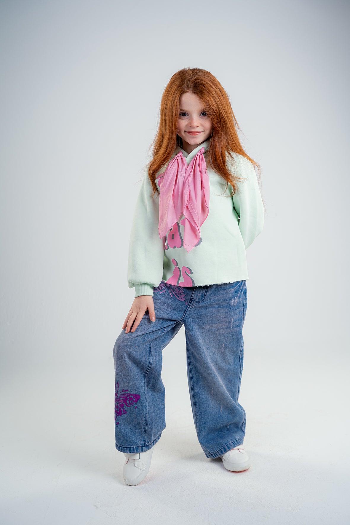 Girls Blue with butterfly printing Wide Fit Jeans