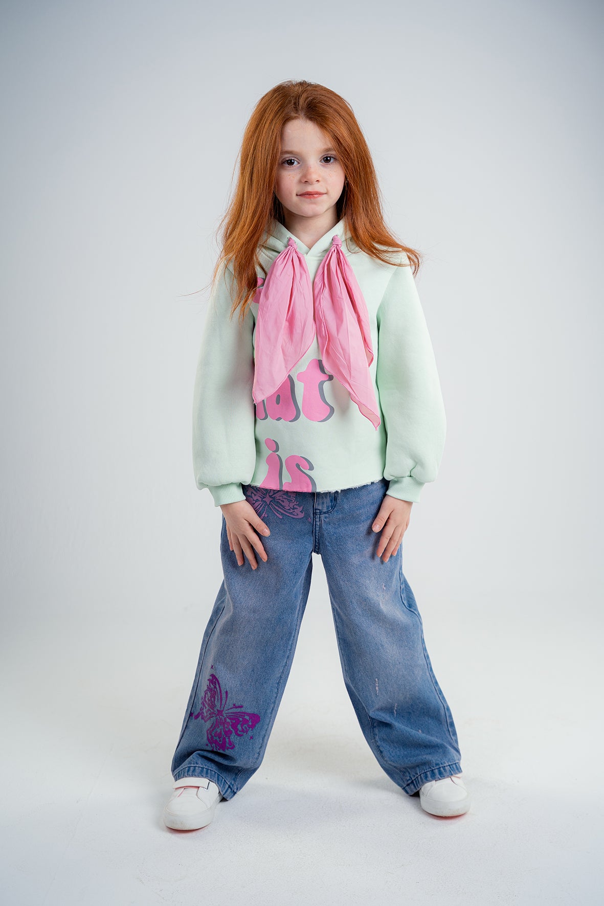 Girls Blue with butterfly printing Wide Fit Jeans