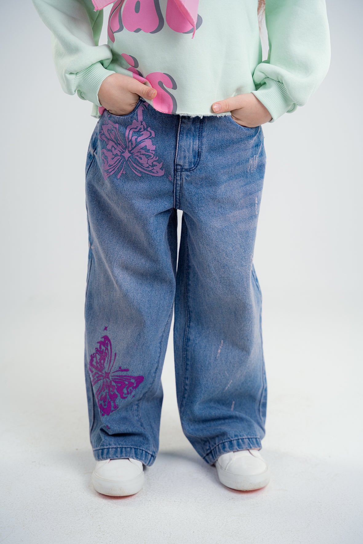 Girls Blue with butterfly printing Wide Fit Jeans