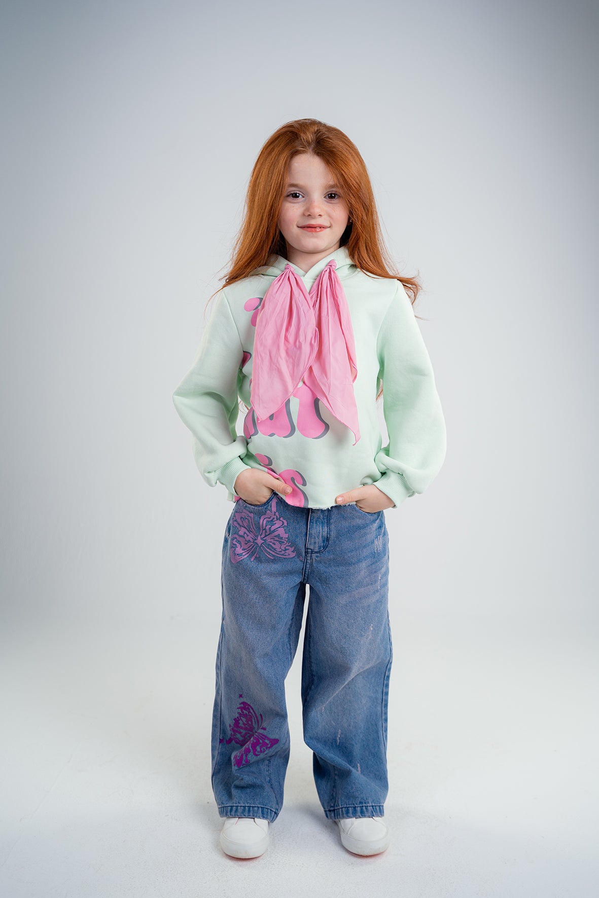 Girls Blue with butterfly printing Wide Fit Jeans