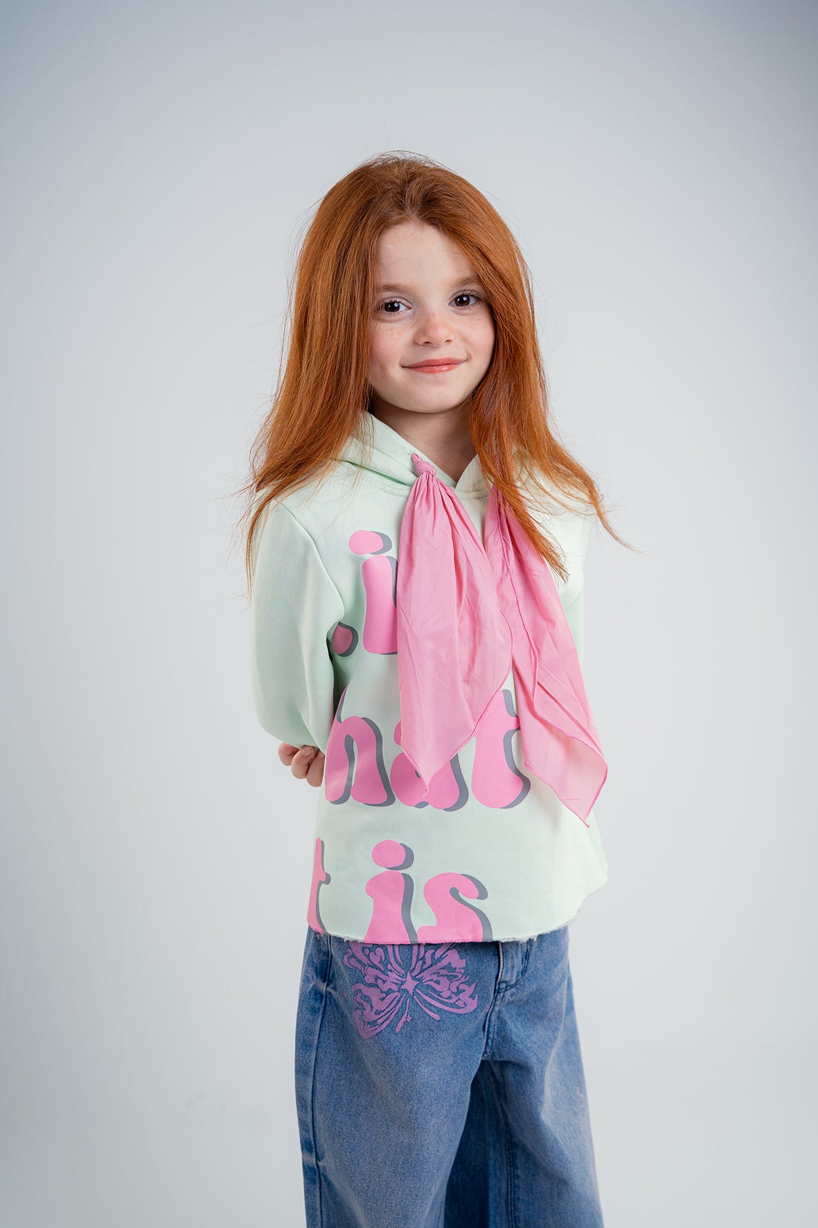 Girls Casual Printed Light turquoise Hoodie with Wide Tie