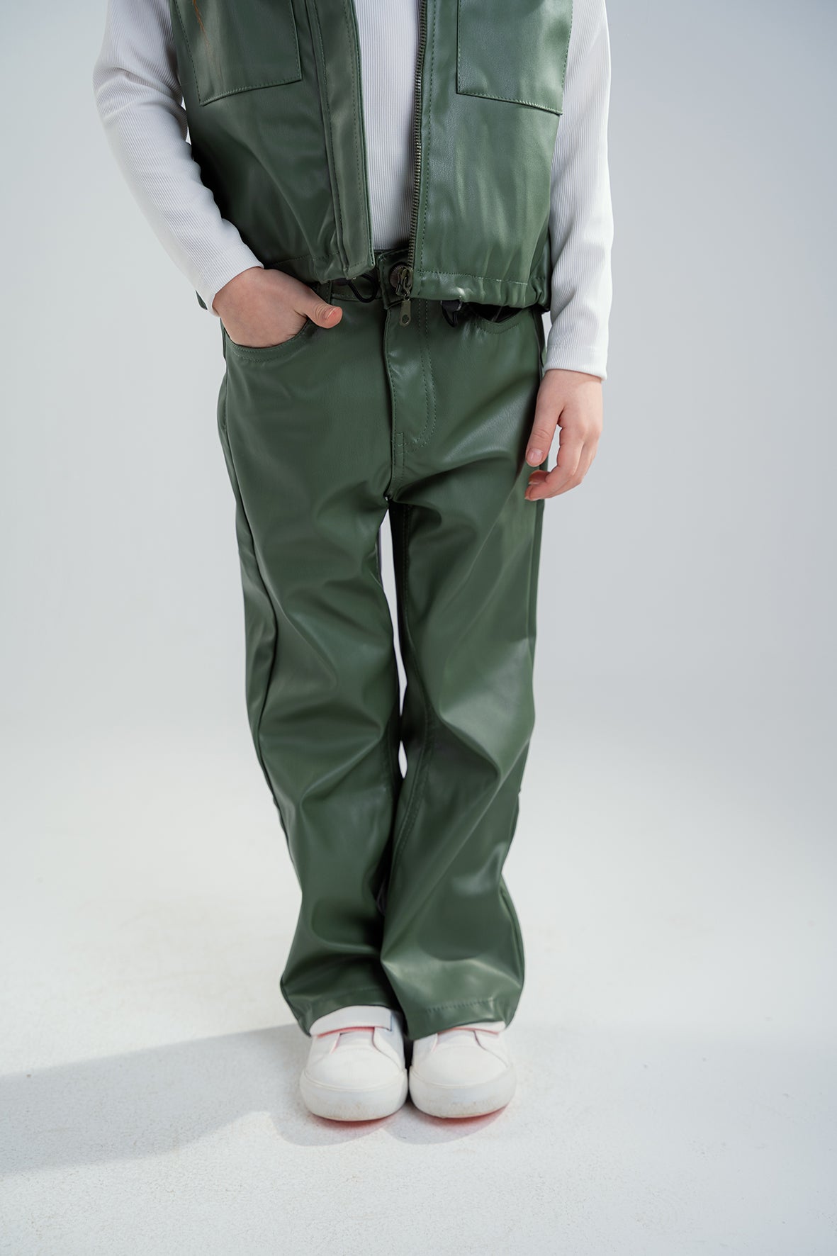 Girls Olive Leather trousers