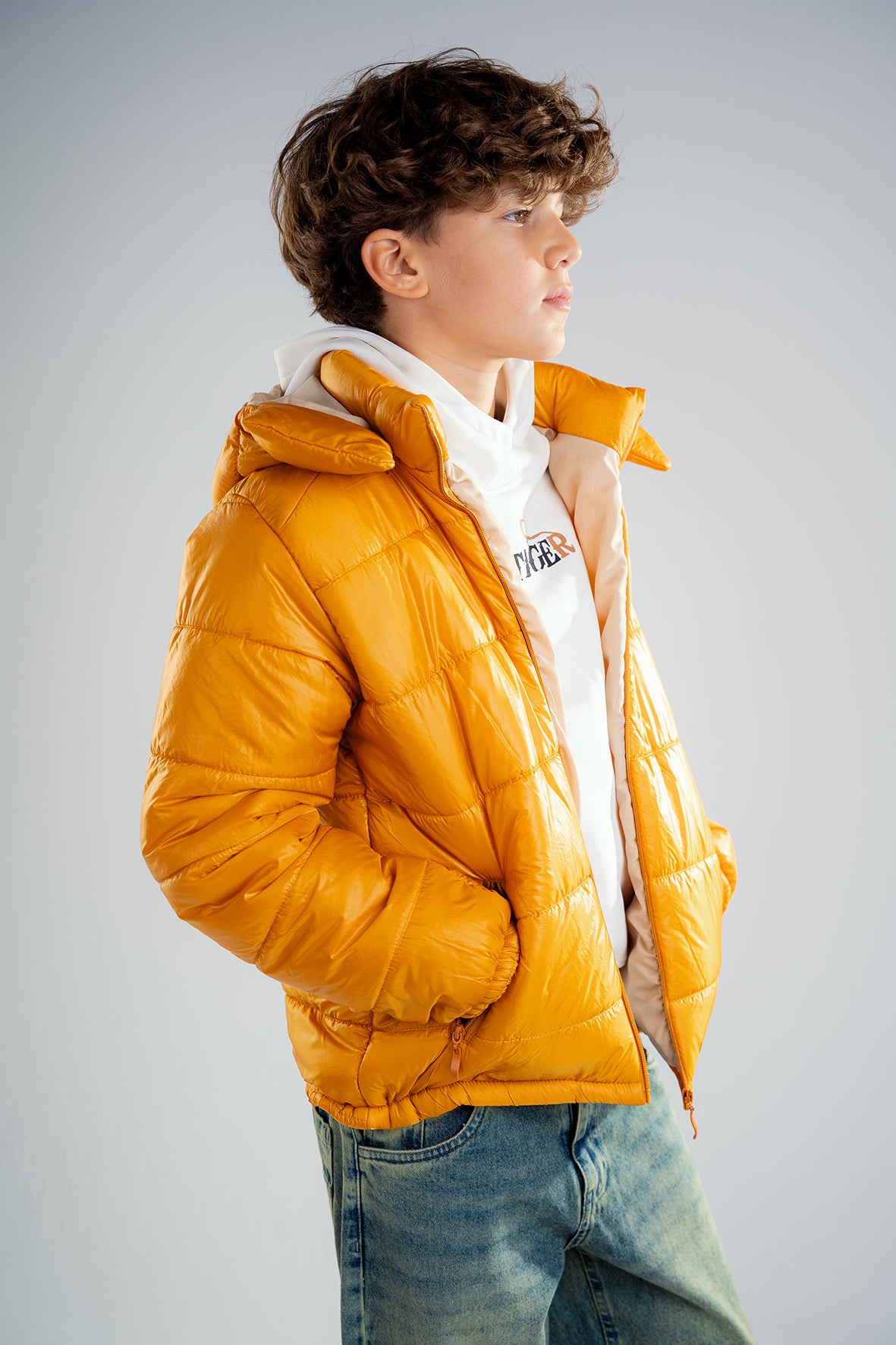 Boys Yellow Puffer Down Jacket With Hood