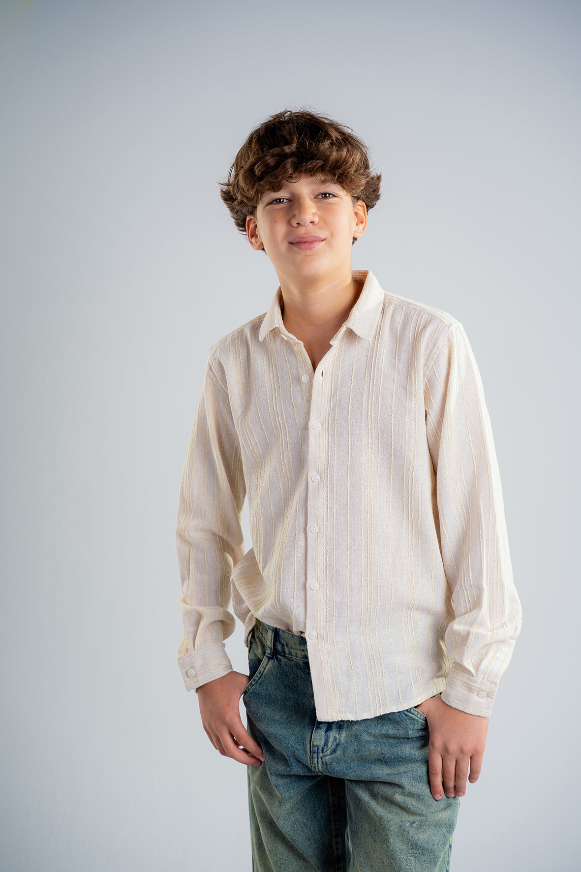 Boys Long Sleeve Light Beige Textured Stripe Shirt