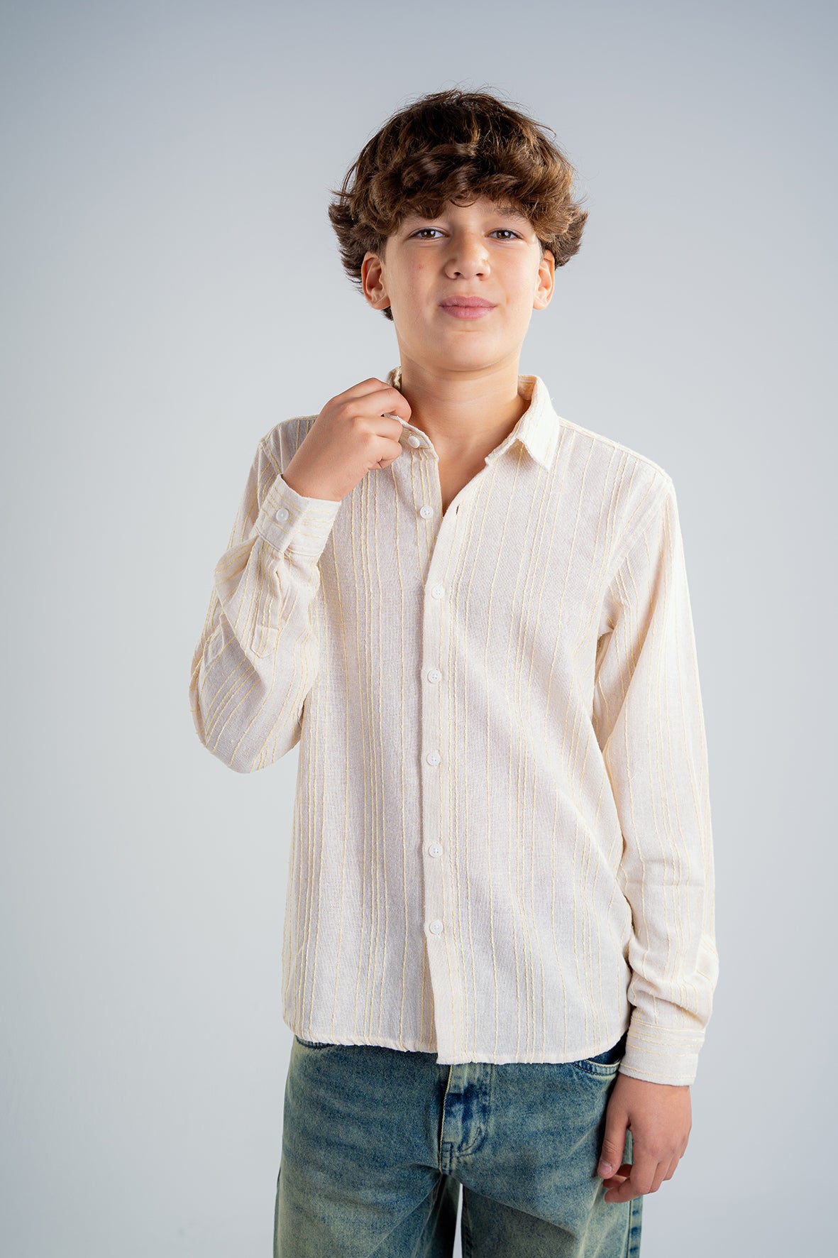 Boys Long Sleeve Light Beige Textured Stripe Shirt