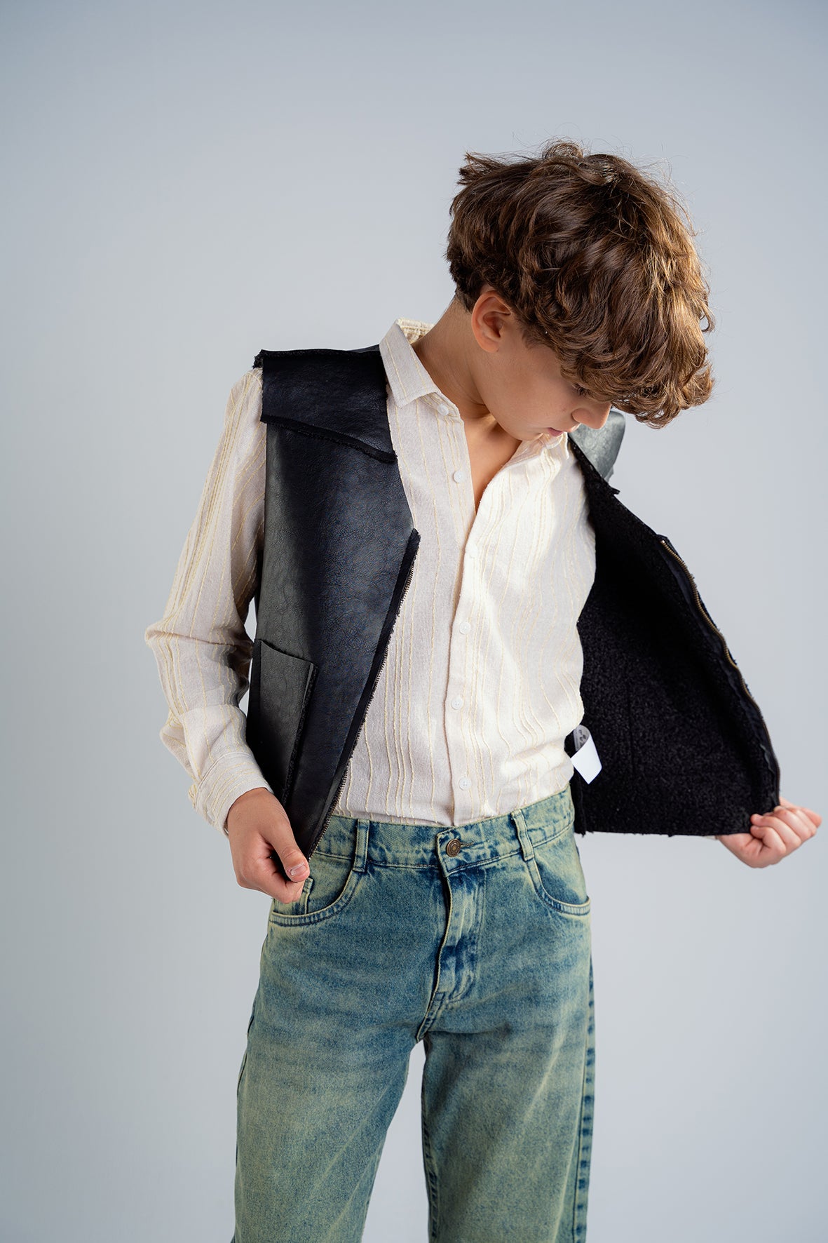 Boys Black Leather Vest With Black Details