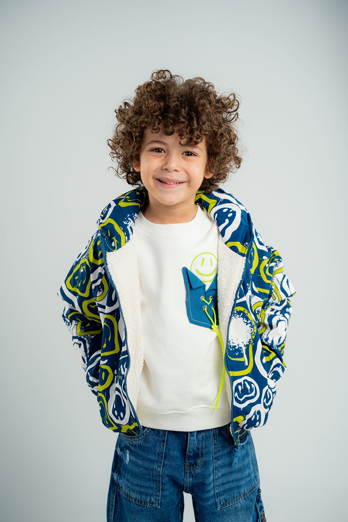 Boys Blue Smiley Face Print Jacket