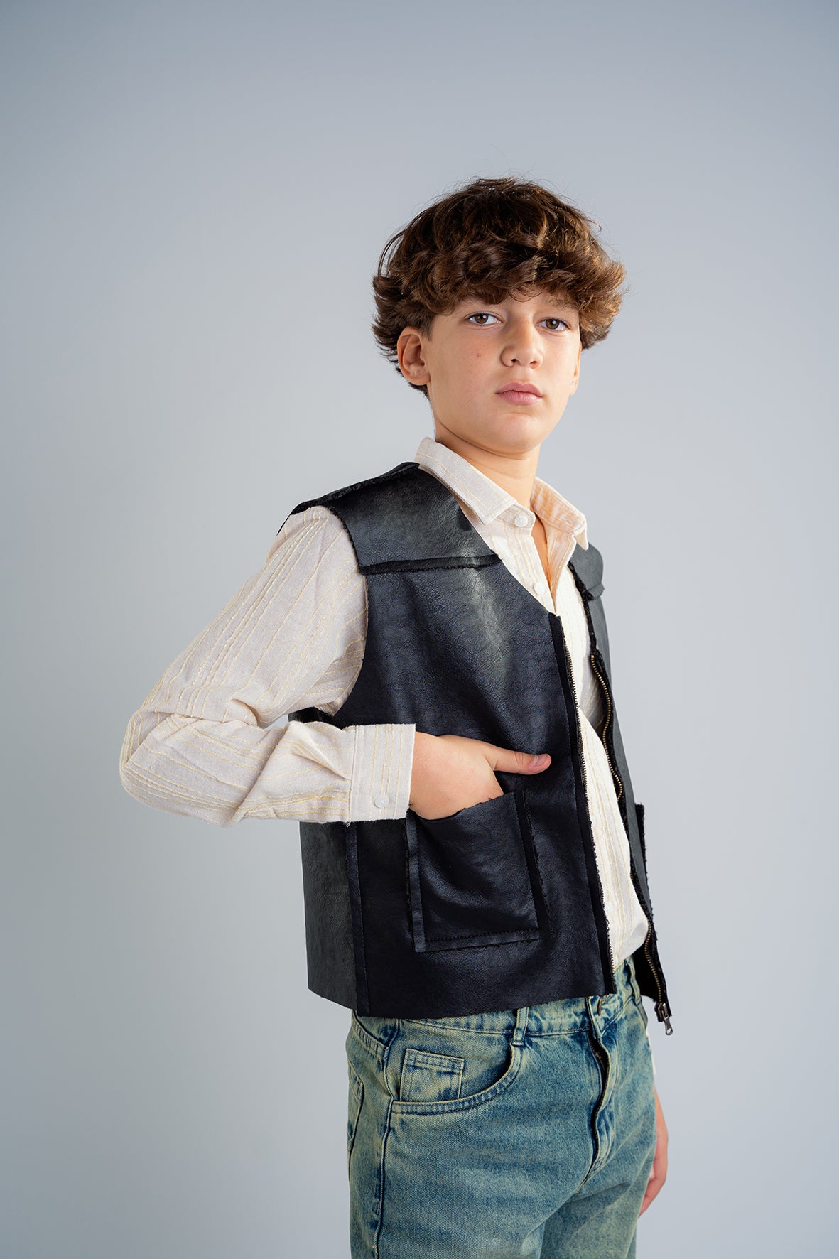 Boys Black Leather Vest With Black Details