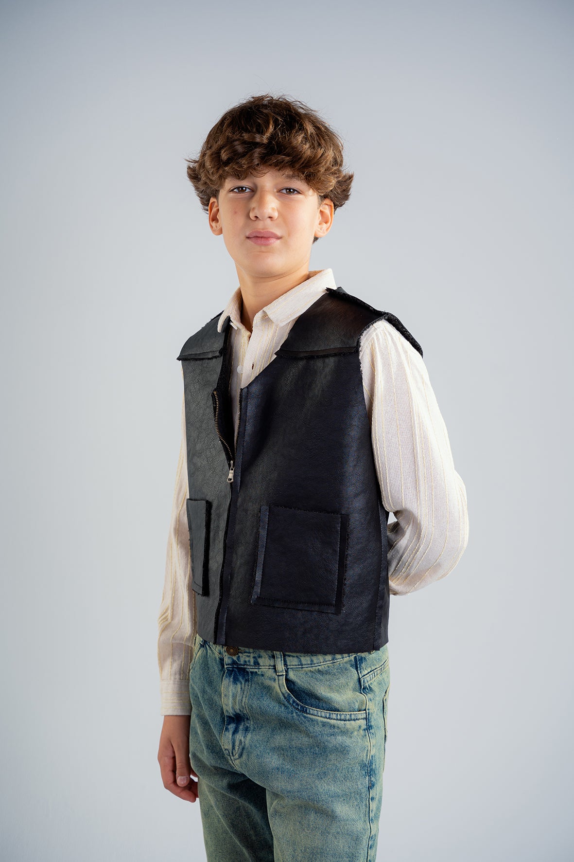 Boys Black Leather Vest With Black Details