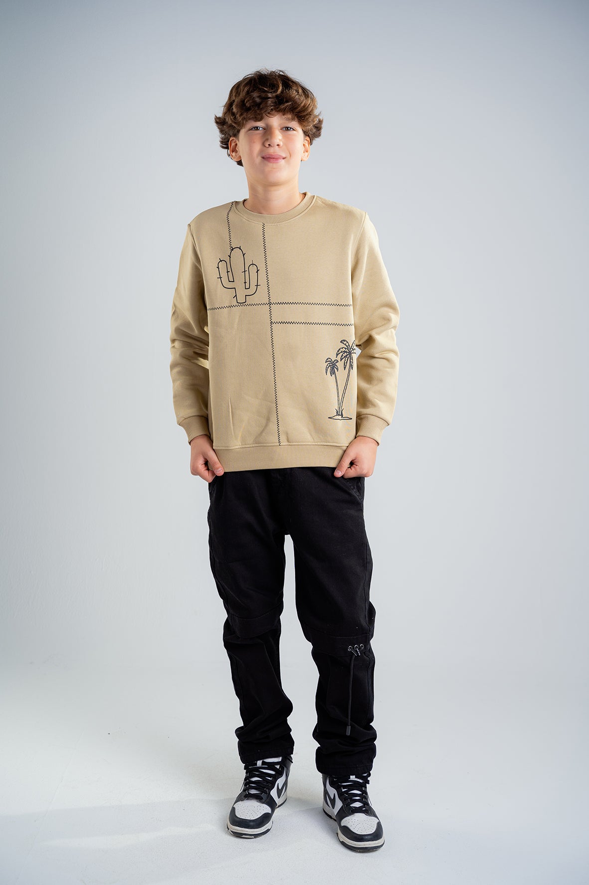 Boys Printed Beige Fleece Sweatshirt