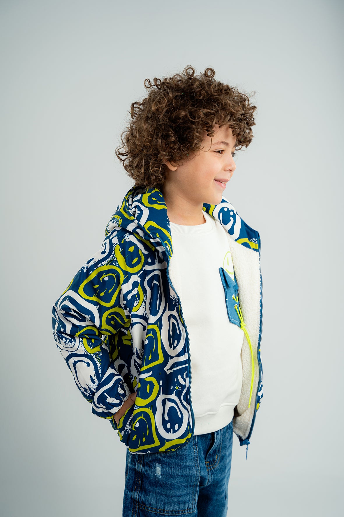 Boys Blue Smiley Face Print Jacket