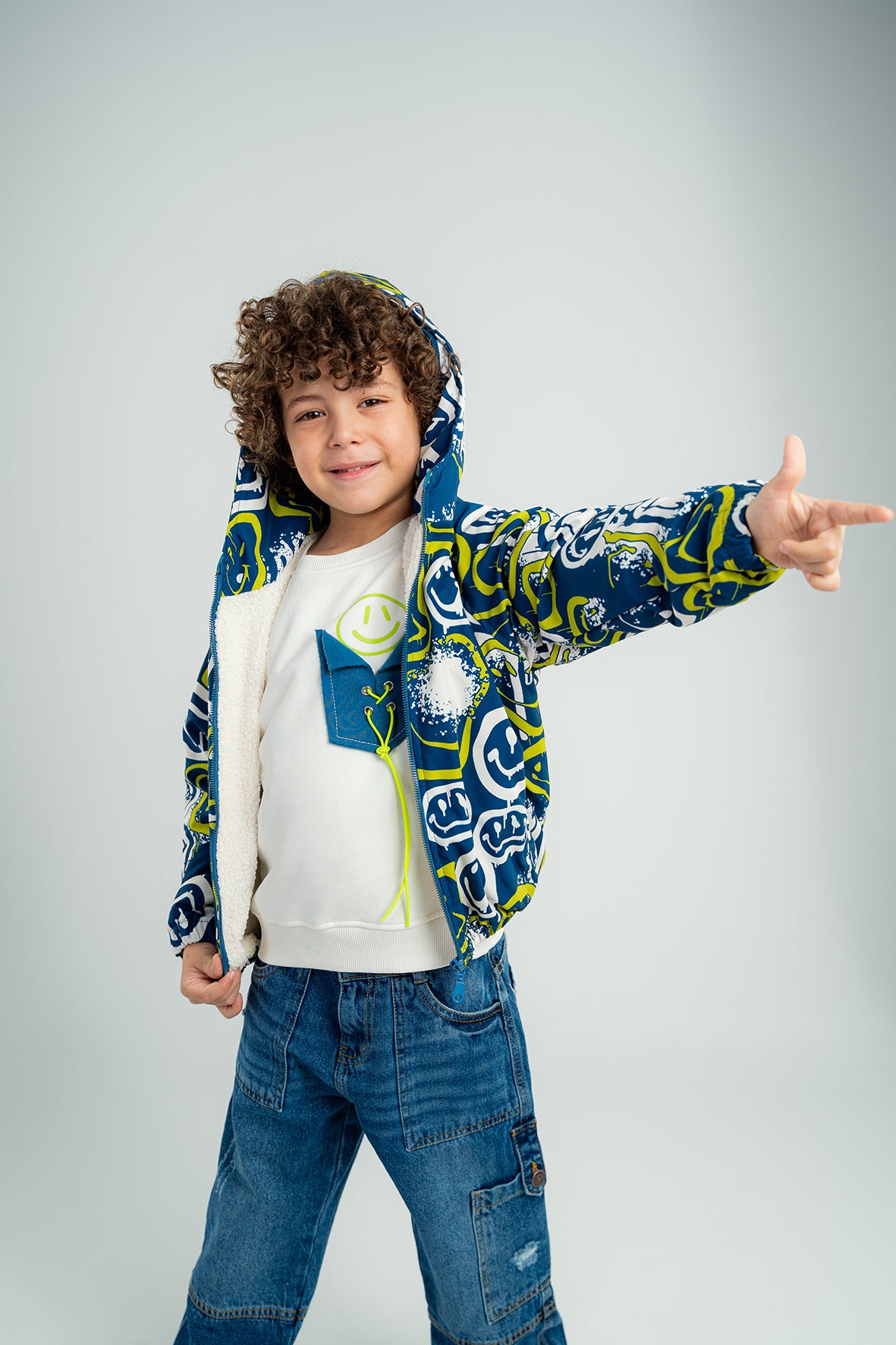 Boys Blue Smiley Face Print Jacket